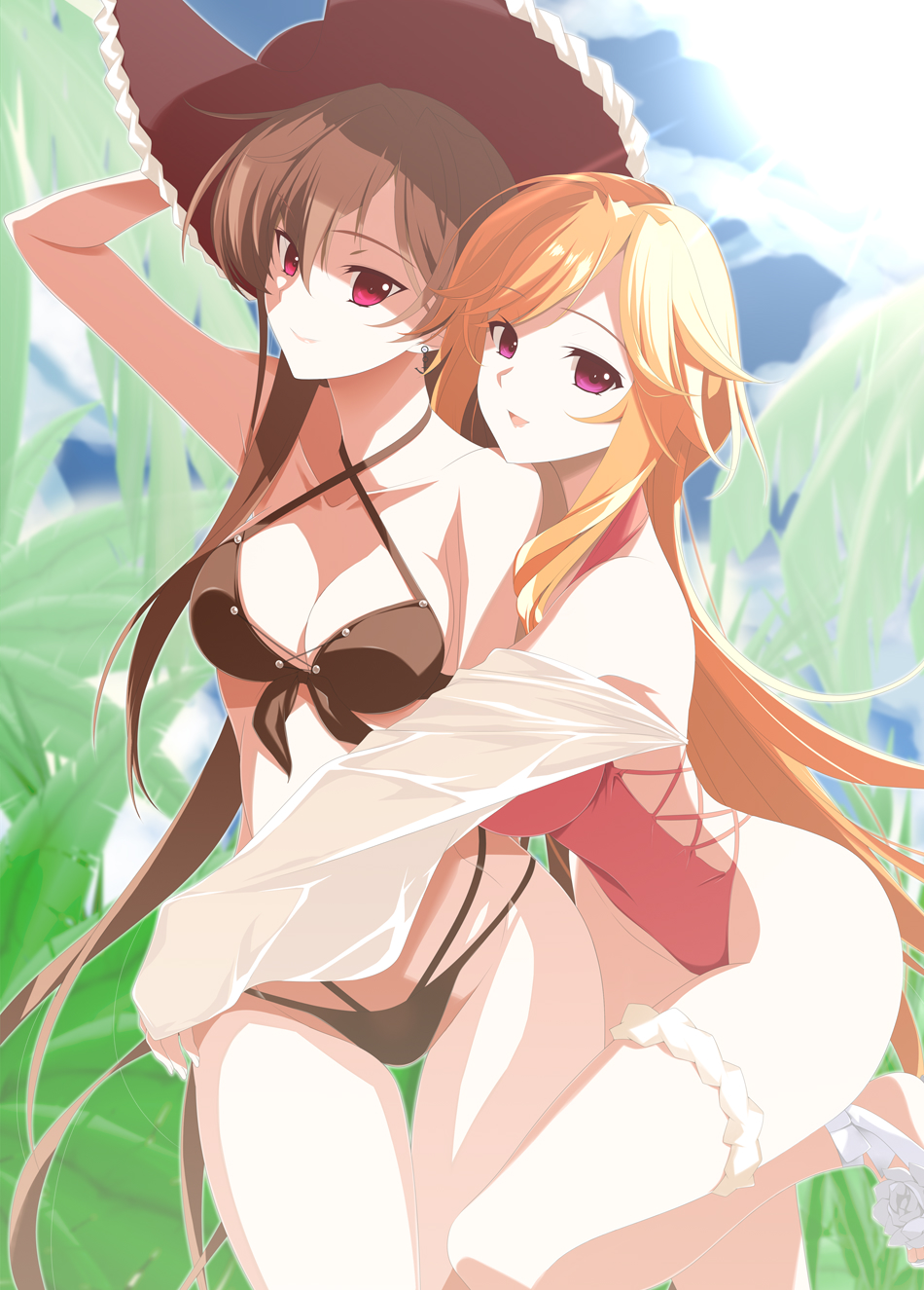 2girls azur_lane bikini cowboy_shot halterneck hat highleg highleg_swimsuit highres hug inoue_marina jean_bart_(azur_lane) jean_bart_(private_apres_midi)_(azur_lane) long_hair looking_at_viewer multiple_girls official_alternate_costume one-piece_swimsuit red_eyes richelieu_(azur_lane) richelieu_(fleuron_of_the_waves)_(azur_lane) sashimori5 shorts swimsuit thigh_strap unworn_hat unworn_headwear unworn_shorts voice_actor_connection