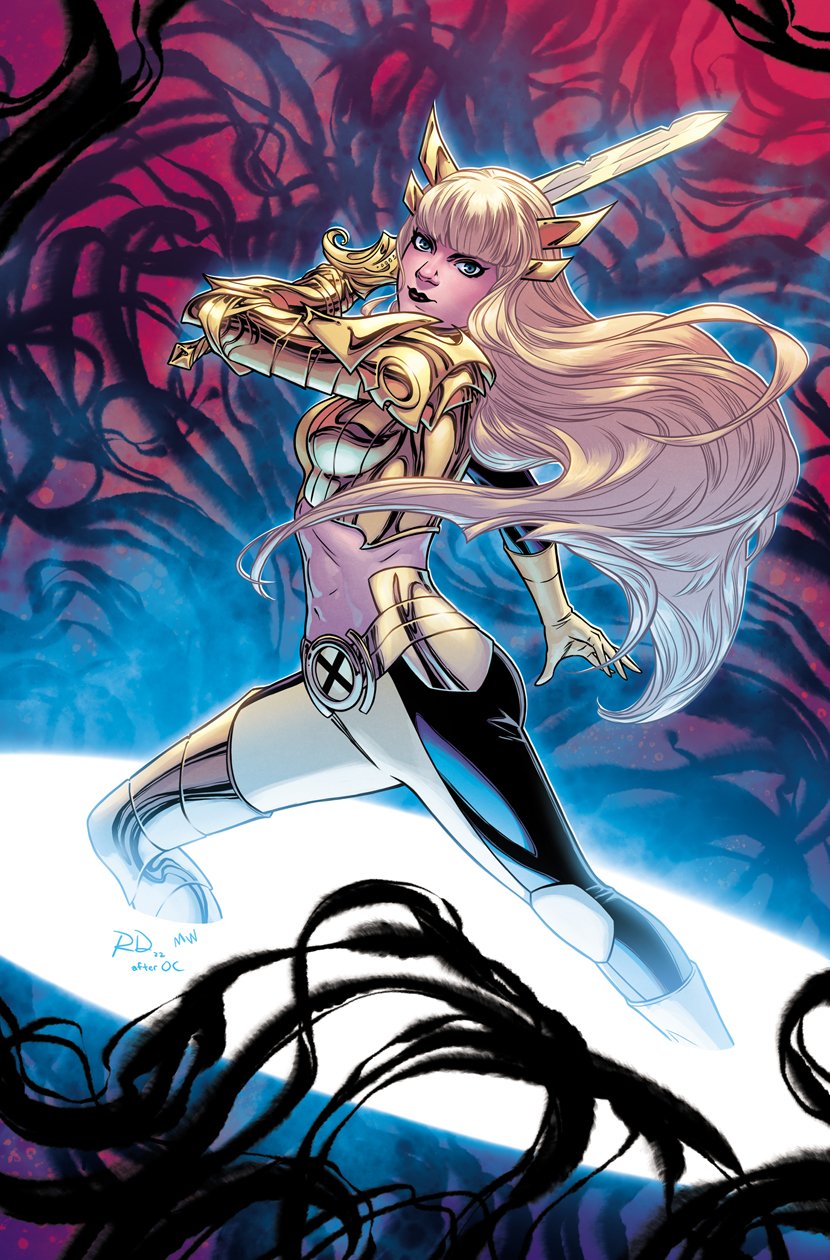 1girl armor black_pants blonde_hair gloves gold_armor green_eyes highres holding holding_sword holding_weapon long_hair looking_at_viewer magik_(x-men) marvel midriff pants russell_dauterman single_glove solo sword two-tone_pants weapon x-men yellow_gloves yellow_pants