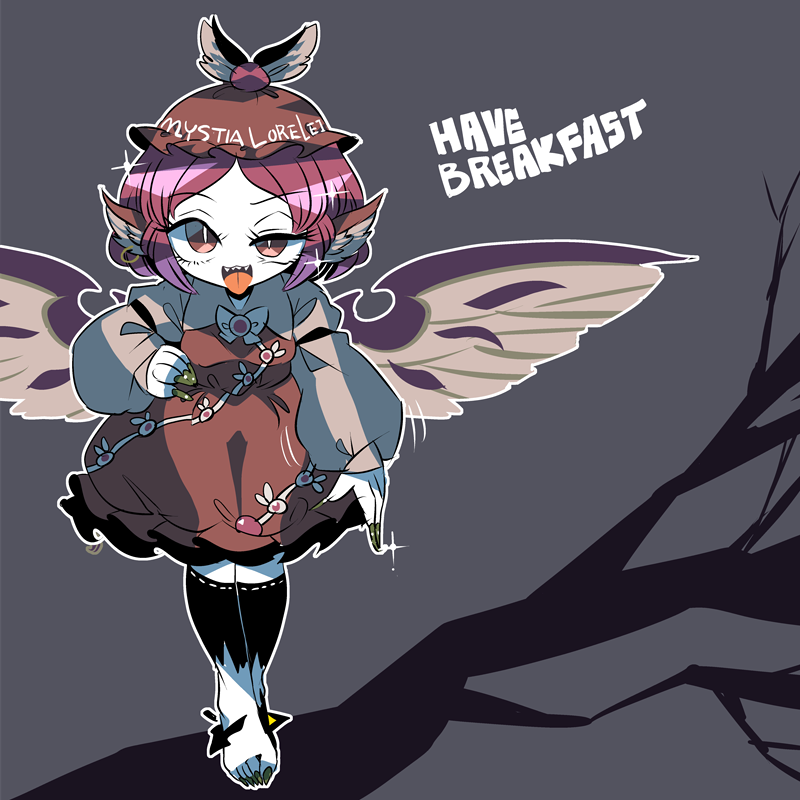1girl animal_ears barefoot bird_ears bird_wings brown_dress brown_eyes brown_headwear character_name clothes_writing dress earrings english_text fingernails frilled_dress frills full_body green_nails jewelry long_fingernails long_sleeves long_toenails motion_lines mystia_lorelei nail_polish open_mouth pink_hair sharp_fingernails sharp_toenails short_hair single_earring smile solo sparkle toenail_polish toenails tongue tongue_out touhou white_wings winged_hat wings yt_(wai-tei)