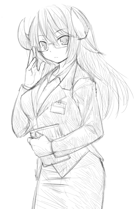 1girl adjusting_eyewear bag breasts character_request female_focus formal_clothes glasses greyscale handbag horns kasuga_yukihito long_hair monochrome name_tag office_lady pencil_skirt semi-rimless_eyewear sketch skirt skirt_suit solo suit under-rim_eyewear