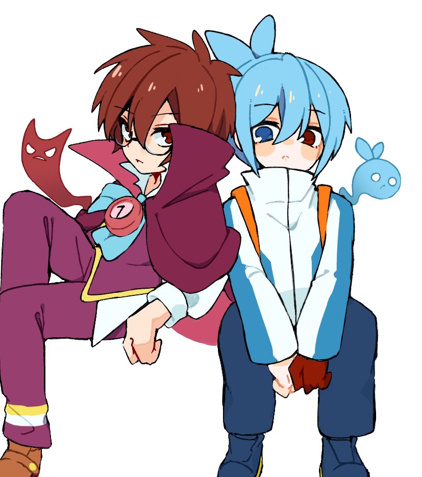 2boys backpack bag blue_eyes blue_hair blue_pants blue_shoes brown_hair brown_shoes cape clock commentary_request foot_out_of_frame glasses hair_between_eyes heterochromia high_collar invisible_chair jacket klug_(puyopuyo) knee_up long_sleeves looking_at_viewer male_focus multiple_boys mystical_high_collar pants parted_lips ponytail purple_pants purple_vest puyopuyo red_cape red_eyes sakikawa_778 shirt shoes short_hair sig_(puyopuyo) simple_background sitting strange_klug vest white_background white_jacket white_shirt