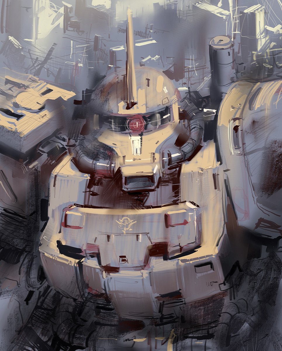 gundam highres looking_at_viewer mecha mecha_focus mono-eye no_humans park_jae-cheol red_eyes robot science_fiction tagme vehicle_focus zaku_ii zaku_ii_s zeon
