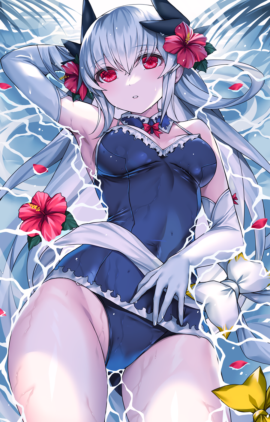 arm_up armpits bare_shoulders blush breasts commentary_request dragon_girl dragon_horns elbow_gloves fate/grand_order fate_(series) flower gloves hair_flower hair_ornament highres horns kiyohime_(fate) large_breasts long_hair looking_at_viewer lying morizono_shiki on_back parted_lips partially_submerged red_eyes solo thighs water wet white_gloves white_hair