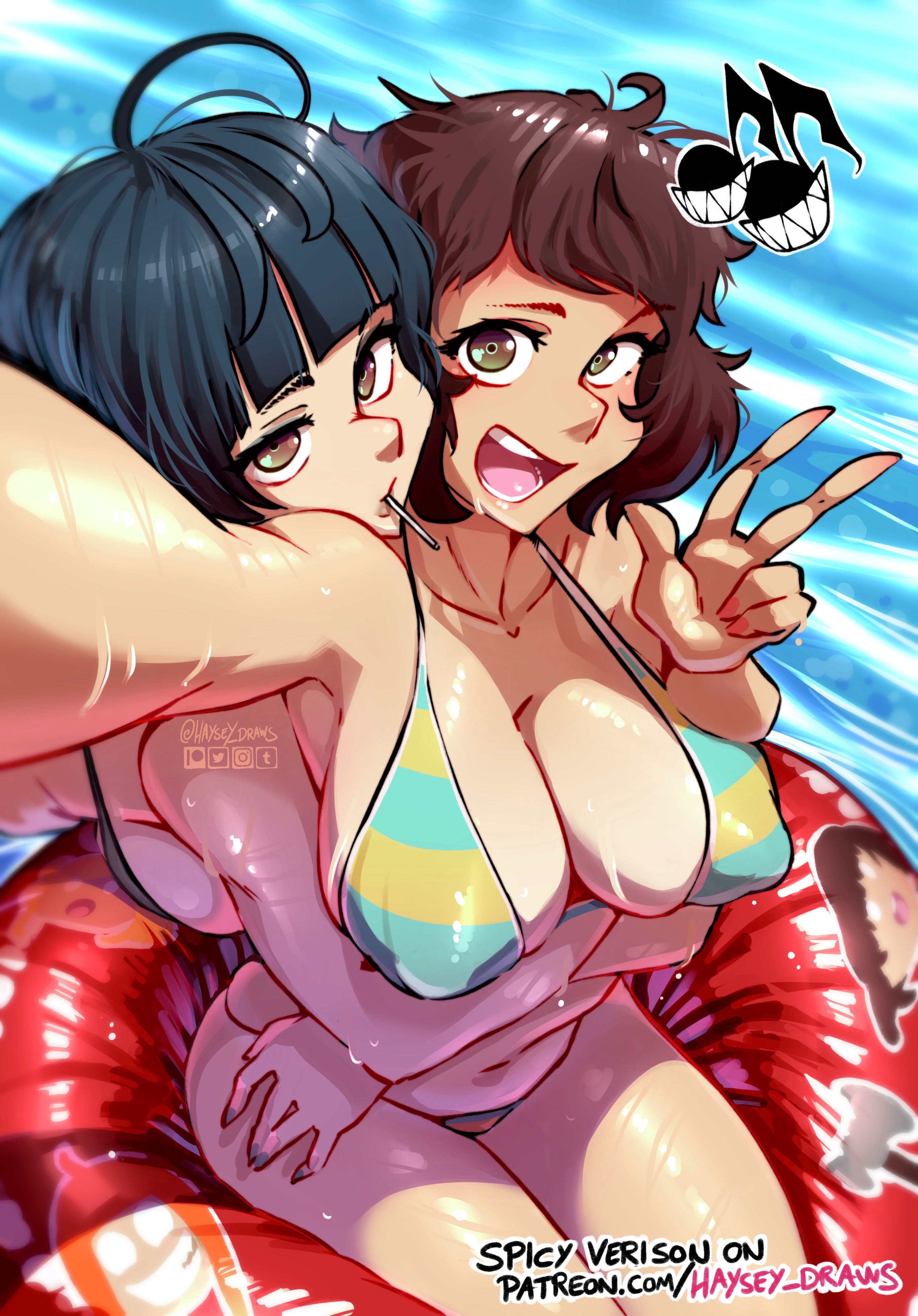2girls absurdres bikini blue_hair breasts brown_eyes brown_hair candy commentary english_commentary food haysey highres holding holding_candy holding_food holding_lollipop kawakami_sadayo large_breasts lollipop lollipop_in_mouth looking_at_viewer multiple_girls musical_note open_mouth paid_reward_available persona persona_5 red_innertube smile striped_bikini striped_clothes surprised swimsuit takemi_tae teeth v water watermark