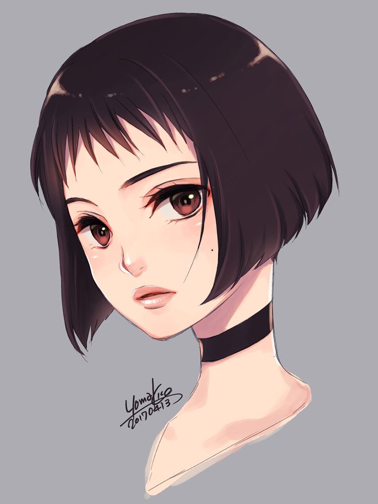 1girl artist_name black_choker black_hair bob_cut brown_eyes choker close-up closed_mouth commentary cropped_head dated expressionless eyelashes from_side grey_background inverted_bob leon_the_professional lips looking_at_viewer looking_to_the_side mathilda_lando mole mole_on_cheek pink_lips portrait short_hair signature solo yoma_(yomako04)