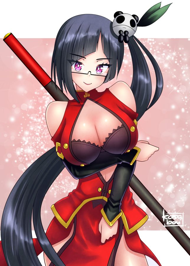 1girl arc_system_works bare_shoulders black_bra black_hair blazblue blush bo_staff bra breasts china_dress chinese_clothes cleavage cleavage_cutout clothing_cutout dress glasses hair_ornament kasabou lao_jiu large_breasts litchi_faye_ling long_hair looking_at_viewer panda panda_hair_ornament ponytail purple_eyes red_dress signature smile solo underwear