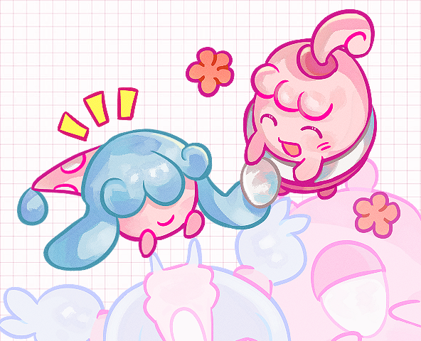 :d ^_^ chansey closed_eyes closed_mouth commentary_request different_reflection flower_symbol game_freak gen_1_pokemon gen_4_pokemon gen_8_pokemon grid_background happiny happy hat hatenna hattrem kong_(6ki3ki) korean_commentary light_blush nintendo no_humans notice_lines open_mouth pink_hat pokemon pokemon_(creature) pokemon_focus reflection smile