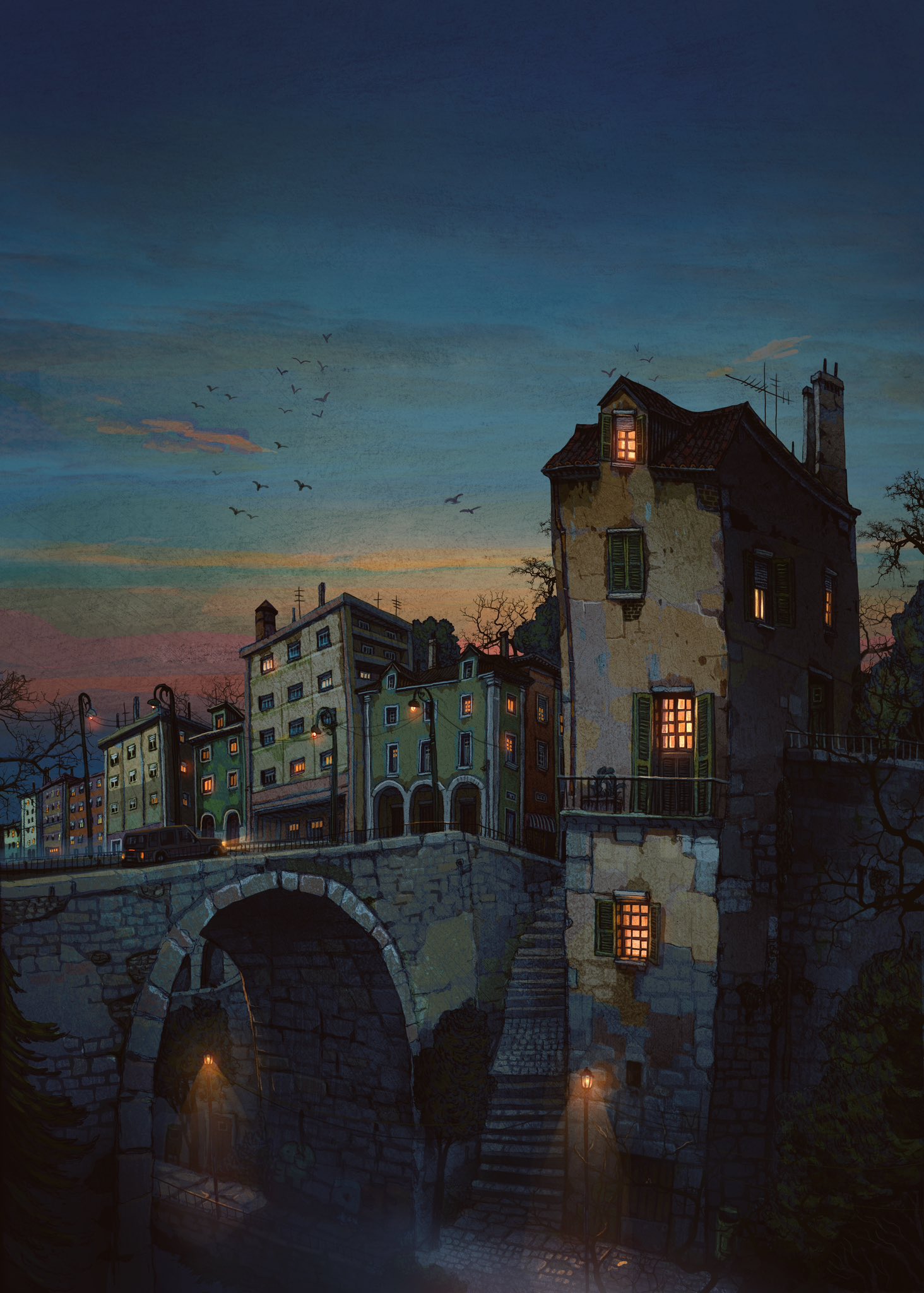 balcony bird bridge building francisco_fonseca highres lamppost motor_vehicle night night_sky no_humans open_window_shutter original power_lines radio_antenna sky stairs tree van water_tower window window_light window_shutter