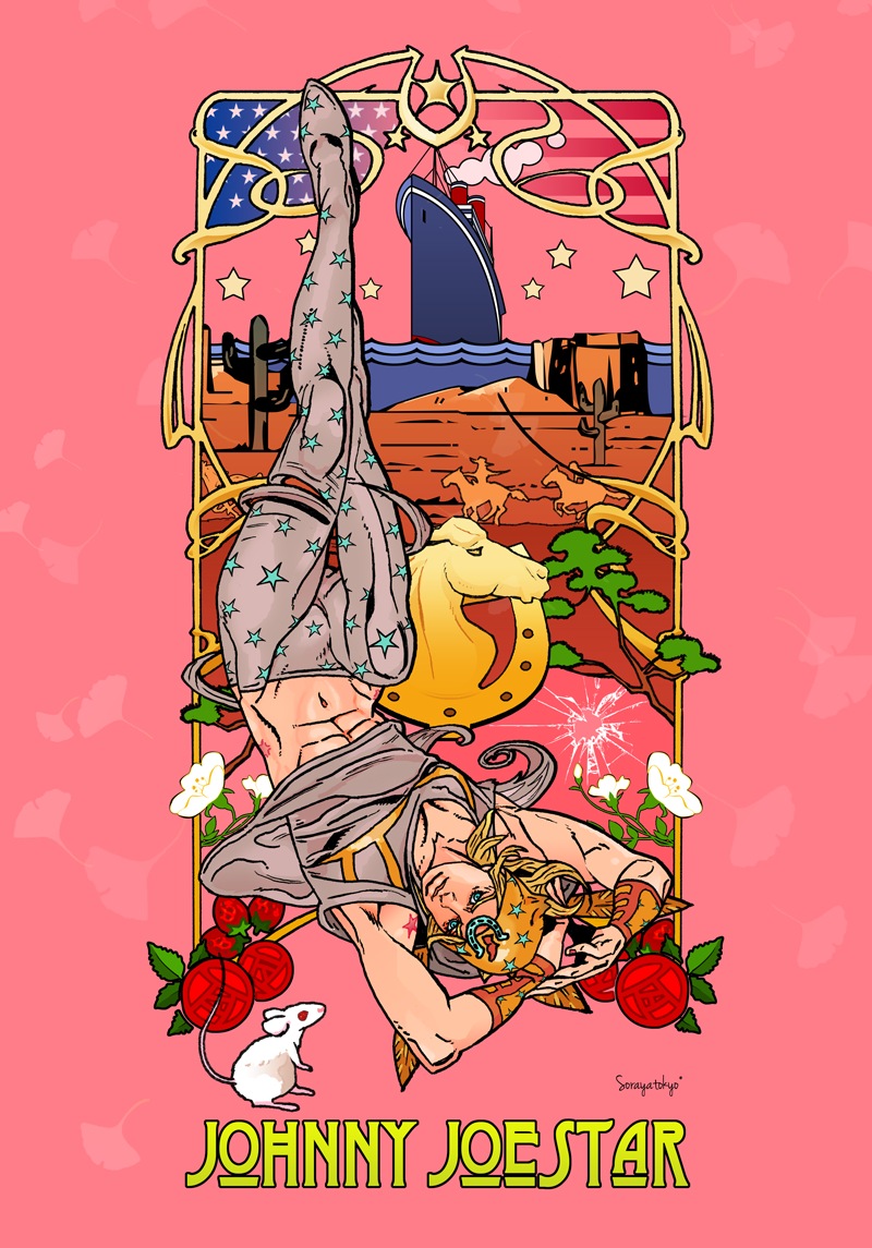 1boy american_flag art_nouveau birthmark blonde_hair blue_eyes cactus character_name flower grey_hoodie grey_pants hat hood hoodie horseshoe horseshoe_hat_ornament joestar_birthmark johnny_joestar jojo_no_kimyou_na_bouken male_focus medium_hair mouse_(animal) navel orange_hat pants red_flower scar ship silhouette sleeveless sleeveless_hoodie solo star_(symbol) star_print steel_ball_run tanaka_kaori upside-down watercraft wristband