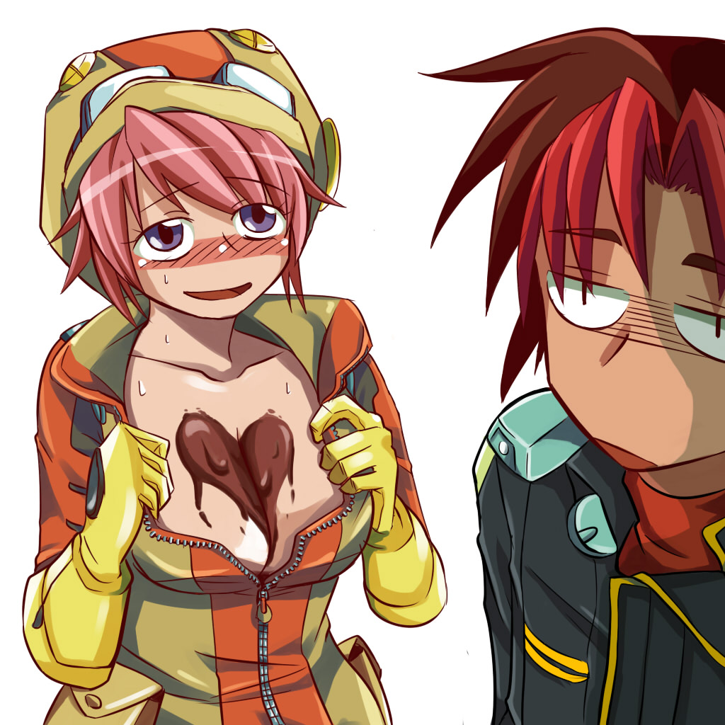 1boy 1girl banpresto between_breasts blush breasts chocolate chocolate_on_body chocolate_on_breasts cleavage food_on_body gloves goggles hat heart mizuho_saiki multicolored_hair pink_hair raul_gureden red_hair short_hair super_robot_wars super_robot_wars_original_generation super_robot_wars_original_generation_gaiden two-tone_hair valentine
