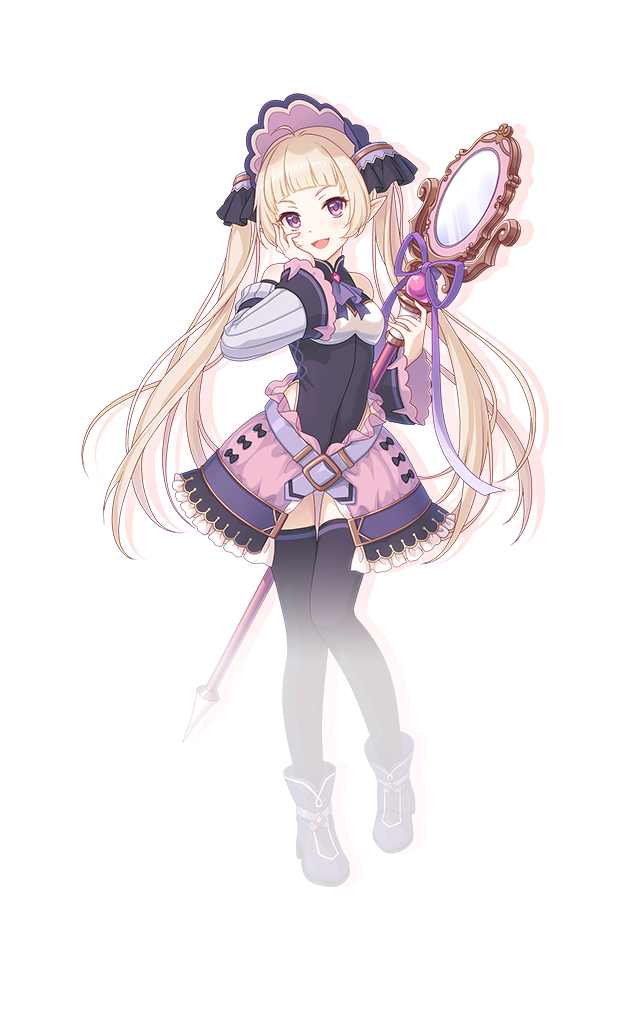 1boy :d bare_shoulders belt black_leotard black_thighhighs blunt_bangs blush bonnet boots crossdressing detached_sleeves drop_shadow elf frilled_skirt frills full_body grey_sleeves hand_on_own_cheek hand_on_own_face hands_up holding holding_staff leotard long_hair looking_at_viewer mirror official_art open_mouth pink_skirt pointy_ears princess_connect! purple_belt purple_bonnet simple_background skirt leotard smile solo staff standing tachi-e thighhighs transparent_background trap twintails very_long_hair wide_sleeves yuki_(princess_connect!) zettai_ryouiki