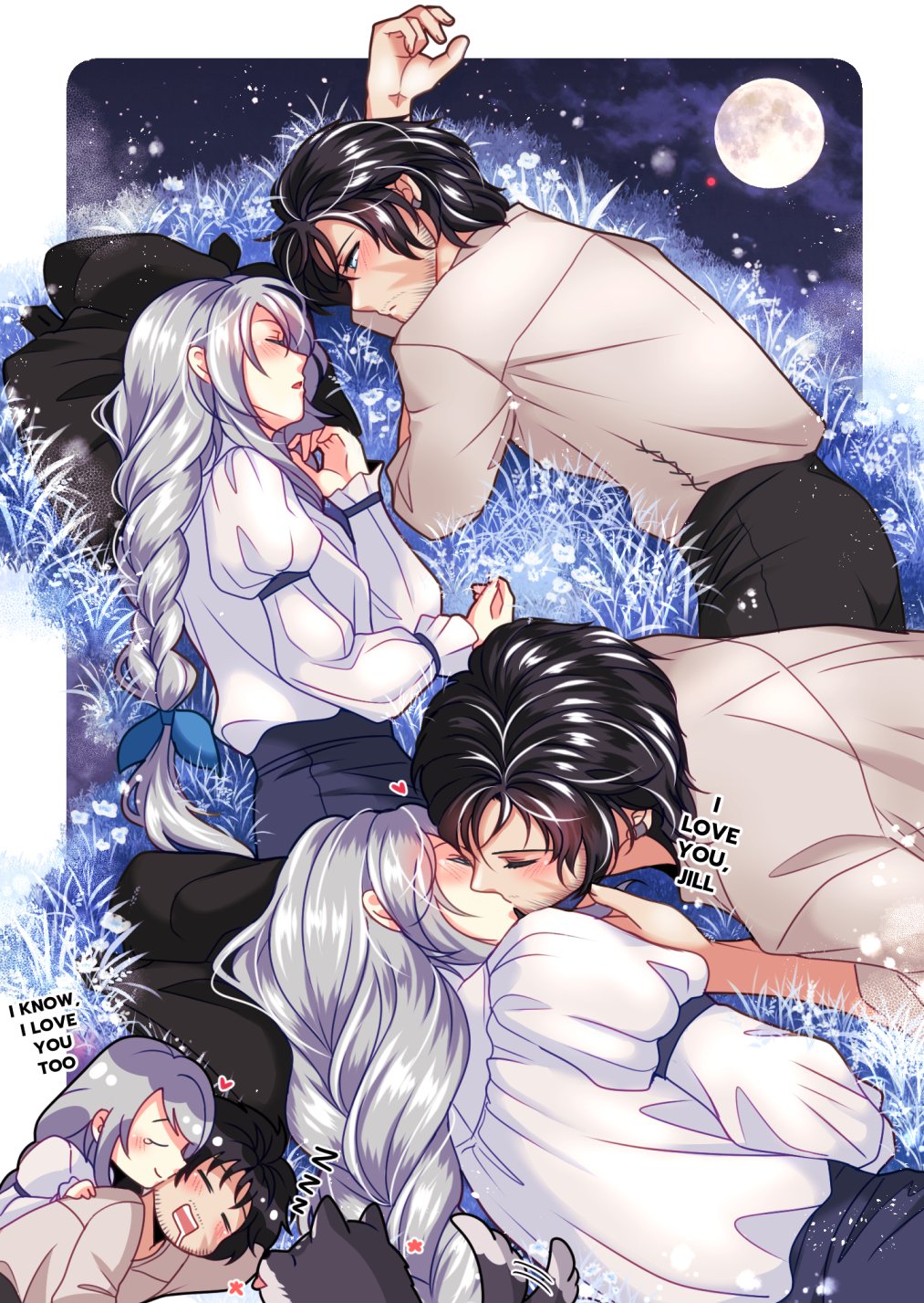 1boy 1girl animal babigonice black_hair black_pants blue_eyes blush braid clive_rosfield closed_eyes commentary couple drooling english_commentary facial_hair facial_scar final_fantasy final_fantasy_xvi flower full_moon grey_hair heart highres jill_warrick kiss long_hair looking_at_another lying moon mouth_drool night night_sky on_side pants puffy_sleeves scar scar_on_cheek scar_on_face shirt short_hair single_braid sky sleeping torgal_(ff16) upper_body white_flower white_shirt wolf zzz