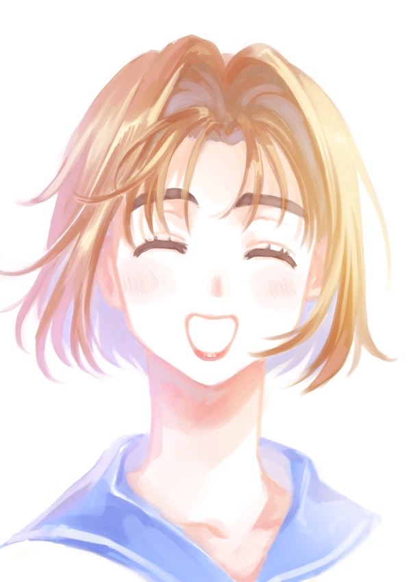 1girl bikkusama blush brown_hair closed_eyes collarbone eyebrows eyelashes facing_viewer female_focus happy initial_d light_blush lips lipstick makeup medium_hair mogi_natsuki open_mouth pale_skin parted_bangs portrait sailor_collar school_uniform serafuku shirt smile solo teeth white_background white_shirt