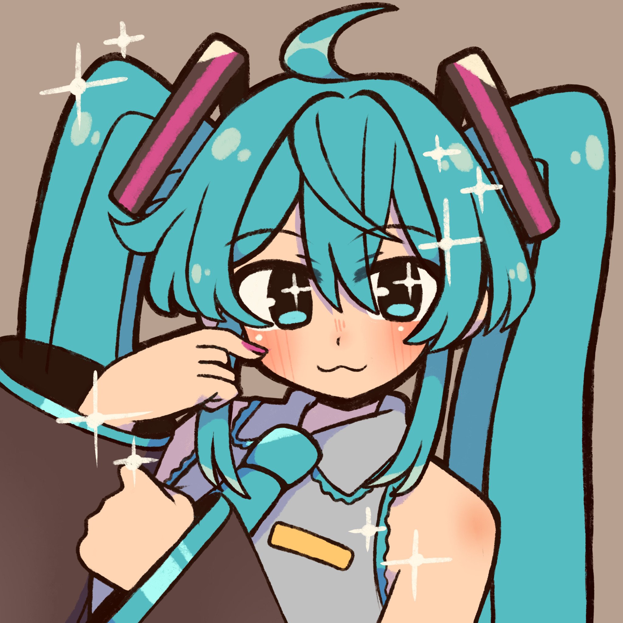 +_+ 1girl :3 ahoge blue_eyes blue_hair blue_necktie blush closed_mouth collared_shirt detached_sleeves grey_shirt hatsune_miku highres long_sleeves looking_at_viewer necktie photo-referenced pink_nails shirt sleeveless sleeveless_shirt smile sofo_soup solo sparkle vocaloid