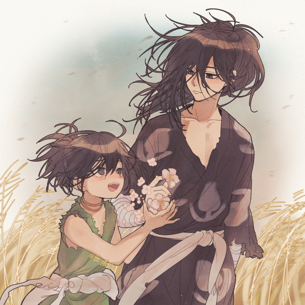 1boy 1girl :d bandaged_arm bandaged_neck bandages black_eyes black_hair blush brown_eyes child choker closed_mouth collarbone dororo_(character) dororo_(tezuka) dress floating_hair flower grass green_dress hair_between_eyes holding holding_flower hyakkimaru_(dororo) japanese_clothes kimono long_hair looking_at_another messy_hair open_mouth outdoors ponytail sash short_hair sleeveless smile standing teeth torn_clothes upper_teeth_only white_flower wind xi_yuu