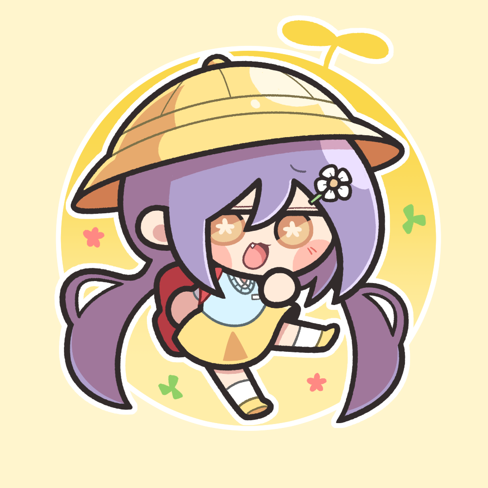 1girl :3 backpack baek_ban bag blue_sweater blush_stickers brown_eyes chibi chibi_only fang flower hair_between_eyes hair_flower hair_ornament hat kindergarten_uniform long_hair long_sleeves open_mouth outline purple_hair red_bag school_hat shirt shoes skirt smile socks solo sweater touhou tsukumo_benben twintails white_flower white_outline white_shirt white_socks yellow_hat yellow_shoes yellow_skirt