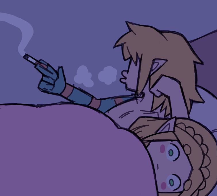 1boy 1girl 1koma :| ayyk92 bed blonde_hair blowing_smoke cigarette closed_mouth comic green_eyes holding holding_cigarette link lying medium_hair nintendo nude on_back on_bed on_side pillow pointy_ears princess_zelda segmented_comic silent_comic smoking the_legend_of_zelda the_legend_of_zelda:_tears_of_the_kingdom under_covers