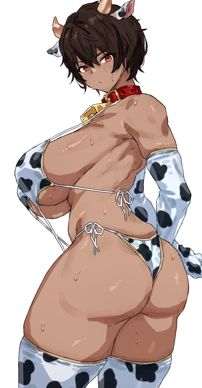 animal_ears animal_print bell bikini breasts cow_ears cow_horns cow_print cow_print_bikini cow_print_gloves dark-skinned_female dark_skin fake_horns gloves highres horns kei_(m_k) large_breasts m_k neck_bell original print_bikini print_gloves print_thighhighs red_eyes short_hair simple_background sweat swimsuit tall_female tan thighhighs tomboy