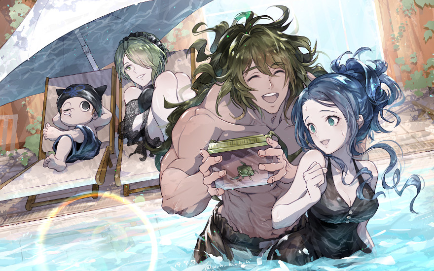 2boys 2girls ^_^ abs alternate_costume aqua_eyes arms_behind_head bare_arms bare_legs bare_pectorals bare_shoulders barefoot beach_chair beach_umbrella beanie beetle black_eyes black_hairband black_hat black_one-piece_swimsuit black_sleeves blonde_hair blue_hair blue_male_swimwear blue_scrunchie breasts brown_hair brown_male_swimwear bug buttons cage candy_stick cleavage clenched_hand closed_eyes cowboy_shot crossed_legs danganronpa_(series) danganronpa_v3:_killing_harmony dark-skinned_male dark_skin dated day detached_sleeves expressionless fingernails food_in_mouth frilled_hairband frills full_body gokuhara_gonta green_hair hair_ornament hair_over_one_eye hair_scrunchie hairband hat height_difference high_ponytail holding holding_cage horned_hat hoshi_ryoma insect bug_cage knees_up lace_sleeves large_breasts lens_flare long_hair looking_at_another lying male_swimwear messy_hair multiple_boys multiple_girls nervous nervous_smile on_back on_chair one-piece_swimsuit one_eye_closed open_mouth outdoors pectorals ponytail pool scrunchie shirogane_tsumugi short_hair sidelocks smile sweatdrop swim_trunks swimsuit teeth toes tojo_kirumi topless_male twitter_username u_u_ki_u_u umbrella upper_teeth_only very_long_hair wading wavy_hair white_umbrella