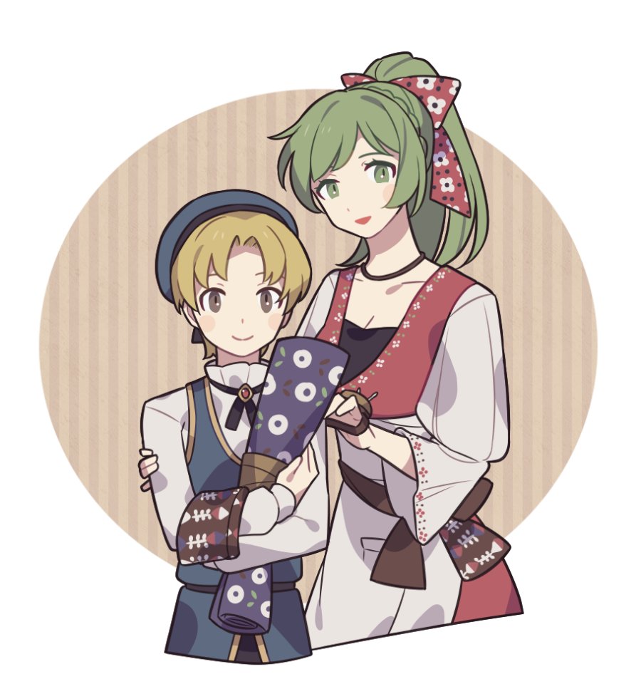 1boy 1girl blonde_hair blue_hat border bow breasts brown_background brown_eyes character_request cleavage commentary fire_emblem fire_emblem:_genealogy_of_the_holy_war green_eyes green_hair haconeri hair_bow hat high_ponytail looking_at_viewer medium_breasts nintendo outside_border ponytail print_bow red_bow round_border symbol-only_commentary white_border