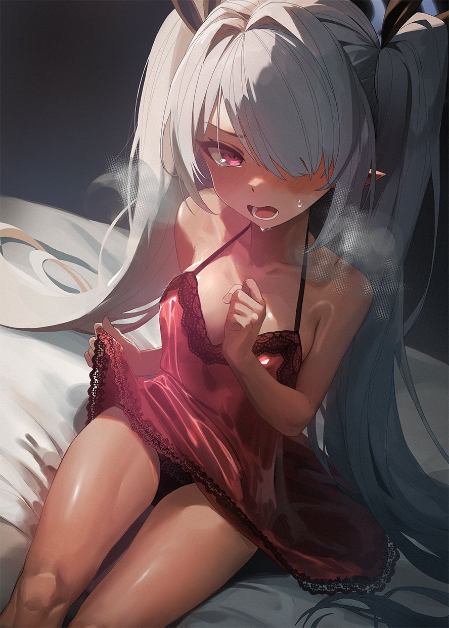 1girl bare_arms black_panties blue_archive blue_halo clothes_lift dark-skinned_female dark_skin dress dress_lift from_above grey_hair hair_over_one_eye halo hand_up highres iori_(blue_archive) lifting_own_clothes long_hair looking_at_viewer mo_ne open_mouth panties pointy_ears purple_eyes red_dress sitting sleeveless sleeveless_dress solo twintails underwear very_long_hair