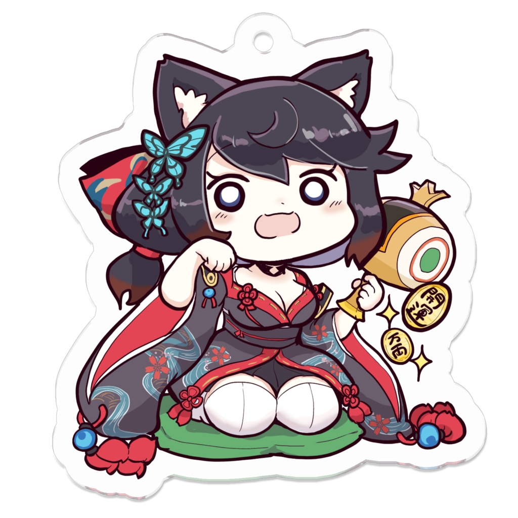 1girl animal_ear_fluff animal_ears azur_lane black_hair black_kimono black_sash blush_stickers breasts butterfly_hair_ornament chibi cleavage commentary_request full_body fusou_(azur_lane) hair_ornament hair_ribbon hand_up himajin_(fd_jin) holding holding_mallet japanese_clothes charm_(object) kimono looking_at_viewer mallet medium_breasts obi open_mouth paw_pose print_kimono red_ribbon ribbon ribbon-trimmed_kimono ribbon_trim sash seiza short_hair simple_background sitting smile solo sparkle split_mouth tassel thighhighs transparent_background white_eyes white_thighhighs wide_sleeves