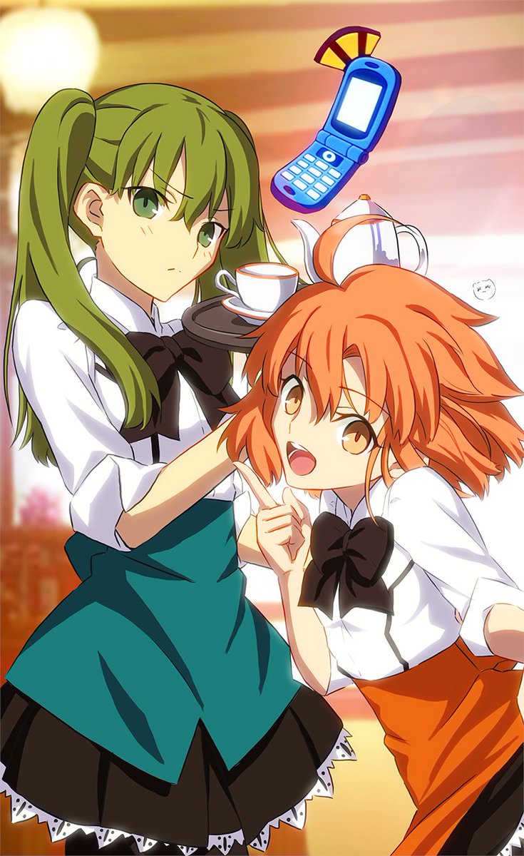 2girls ahoge aora apron aqua_apron black_bow black_bowtie black_skirt blush bow bowtie cellphone closed_mouth commentary_request cup floating floating_object green_eyes green_hair hair_between_eyes hibino_hibiki highres holding holding_tray index_finger_raised indoors katsuragi_chikagi long_hair looking_at_viewer mahou_tsukai_no_hako multiple_girls open_mouth orange_apron orange_eyes phone pointing shirt short_hair skirt sleeves_rolled_up smile takeuchi_takashi_(style) teacup teapot tray twintails waist_apron white_shirt yellow_eyes