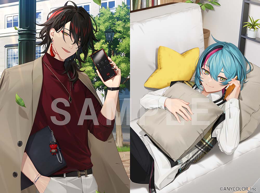 2boys belt black_belt black_hair blue_hair bob_cut cellphone coat coat_on_shoulders collared_shirt copyright_notice couch earrings eyeliner jewelry kyo_kaneko makeup male_focus medium_hair multicolored_hair multiple_boys necklace nijisanji nijisanji_en official_art on_couch phone pink_hair plaid_clothes plaid_sweater_vest red_eyeliner red_hair red_sweater sample_watermark shirt single_earring smartphone smile star-shaped_pillow streaked_hair sweater sweater_vest tassel tassel_earrings tsuika_63no turtleneck turtleneck_sweater virtual_youtuber vox_akuma watermark white_shirt yellow_eyes