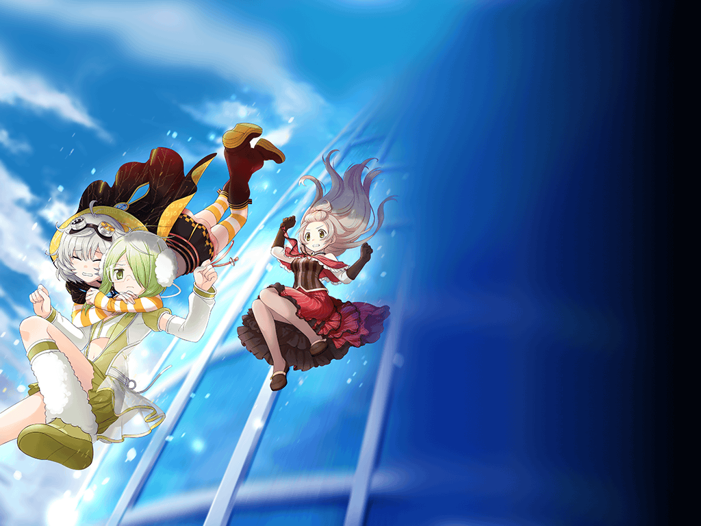 3girls ahoge ascot azumi_hagumu back_cutout bangs_pinned_back binary black_cloak black_footwear black_skirt blue_background blue_sky blurry blurry_background brown_footwear brown_gloves checkered_clothes checkered_skirt checkered_trim circuit_board_print clenched_teeth cloak closed_eyes closed_mouth clothing_cutout cloud cloudy_sky cowlick crop_top crying detached_sleeves dress falling fur_socks game_cg gloves goggles goggles_on_head green_eyes green_footwear green_hair green_hoodie green_shirt green_skirt grey_hair hair_over_one_eye hands_up hood hoodie hug leg_up legs_up light_brown_hair long_hair looking_ahead magia_record:_mahou_shoujo_madoka_magica_gaiden magical_girl mahou_shoujo_madoka_magica medium_hair midriff miniskirt miwa_mitsune miyabi_shigure multiple_girls mystical_high_collar navel official_art one_eye_covered orange_cloak orange_sleeves orange_thighhighs pantyhose parted_lips pleated_skirt power_symbol red_ascot red_dress shirt shoes short_hair short_sleeves skirt sky sleeves_past_wrists socks striped_sleeves teeth thighhighs two-sided_cloak two-sided_fabric two-tone_cloak v-shaped_eyebrows vertical_stripes very_long_hair white_sleeves white_socks