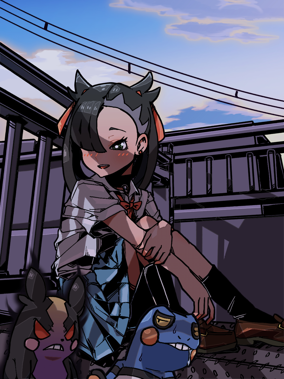 1girl 2049_(hh5566) aqua_eyes asymmetrical_bangs black_hair blouse child clenched_hand collared_shirt croagunk earrings eyelashes female_focus flat_chest gen_4_pokemon gen_8_pokemon hair_ornament hair_over_one_eye happy highres holding_own_arm jewelry knees_to_chest legs light_blush long_hair looking_at_another marnie_(pokemon) miniskirt morpeko neck neck_ribbon nintendo outdoors pokemon pokemon_(creature) pokemon_swsh ribbon school_uniform shirt short_sleeves sideways_glance skirt smile socks thighs turning_head twintails undercut