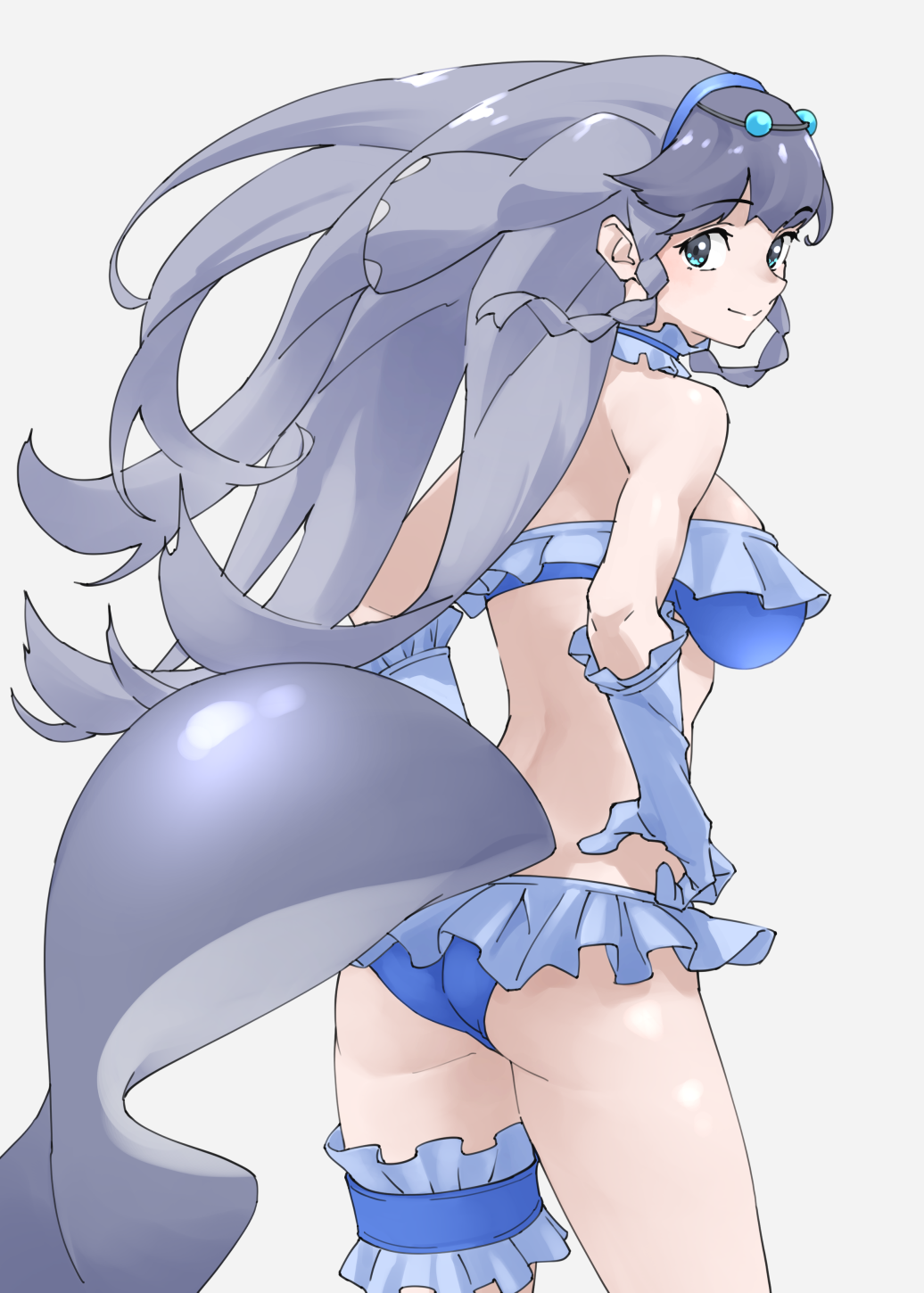 1girl american_manatee_(kemono_friends) aqua_eyes ass bare_shoulders bikini blue_bikini braid breasts cetacean_tail commentary cowboy_shot fins fish_tail frilled_bikini frilled_garter frilled_thigh_strap frills from_behind gloves grey_background grey_gloves grey_hair hands_on_own_hips highres kemono_friends large_breasts long_hair looking_at_viewer looking_back side_braids simple_background smile solo swimsuit tail tanabe_(fueisei) thigh_strap twin_braids