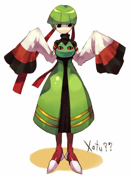 &lt;o&gt;_&lt;o&gt; 1girl bad_id bad_pixiv_id character_name costume creatures_(company) female_focus game_freak gen_2_pokemon green_hair kiris nintendo personification pokemon shadow short_hair simple_background solo white_background xatu