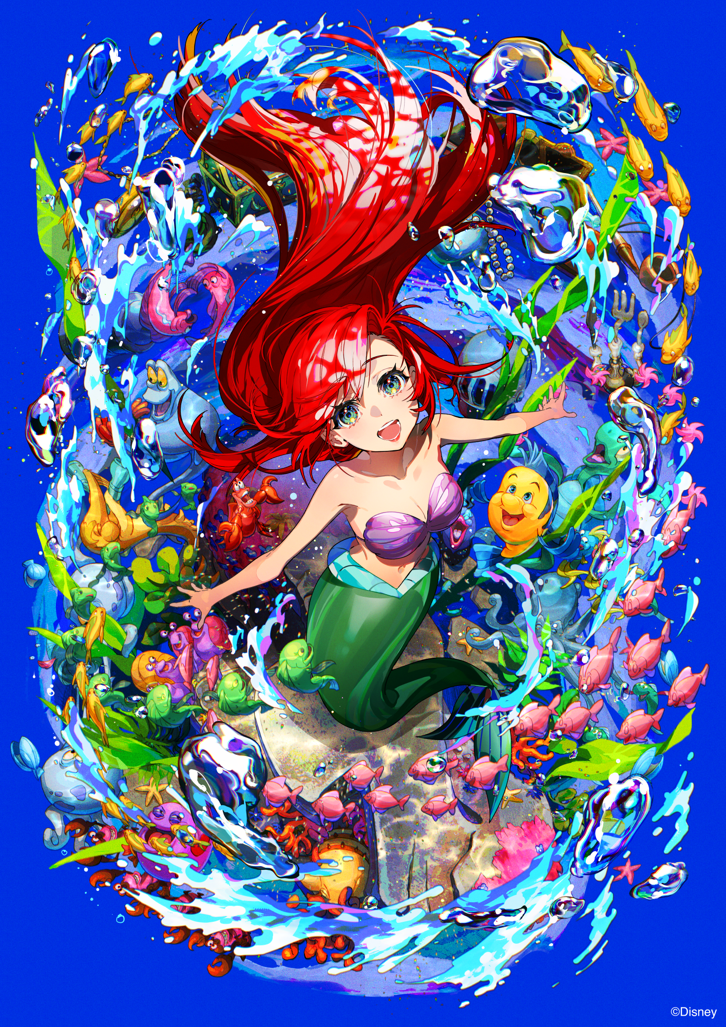 1girl :d animal ariel_(disney) bare_arms bare_shoulders bikini blue_background breasts cleavage commentary_request coral disney fish floating_hair flounder_(the_little_mermaid) full_body green_eyes highres long_hair medium_breasts mermaid mika_pikazo monster_girl open_mouth red_hair shell shell_bikini simple_background smile the_little_mermaid_(disney) treasure_chest very_long_hair water