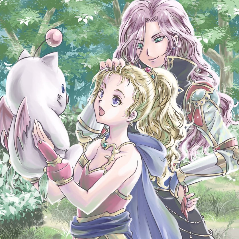 2girls :d blonde_hair blue_eyes cape closed_mouth faris_scherwiz final_fantasy final_fantasy_v grass green_eyes krile_mayer_baldesion_(ff5) leotard long_hair moogle multiple_girls open_mouth pirate ponytail purple_hair sirotuka_lambda smile tree