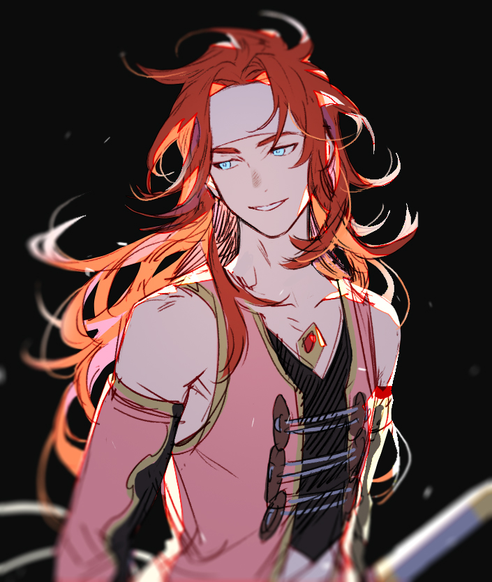 1boy bare_shoulders black_background black_vest blue_eyes collarbone commentary detached_sleeves floating_hair gem headband layered_clothes long_hair looking_to_the_side male_focus multicolored_clothes pink_vest red_gemstone red_hair sideways_glance simple_background smile solo tales_of_(series) tales_of_symphonia upper_body vest white_headband yarr zelos_wilder