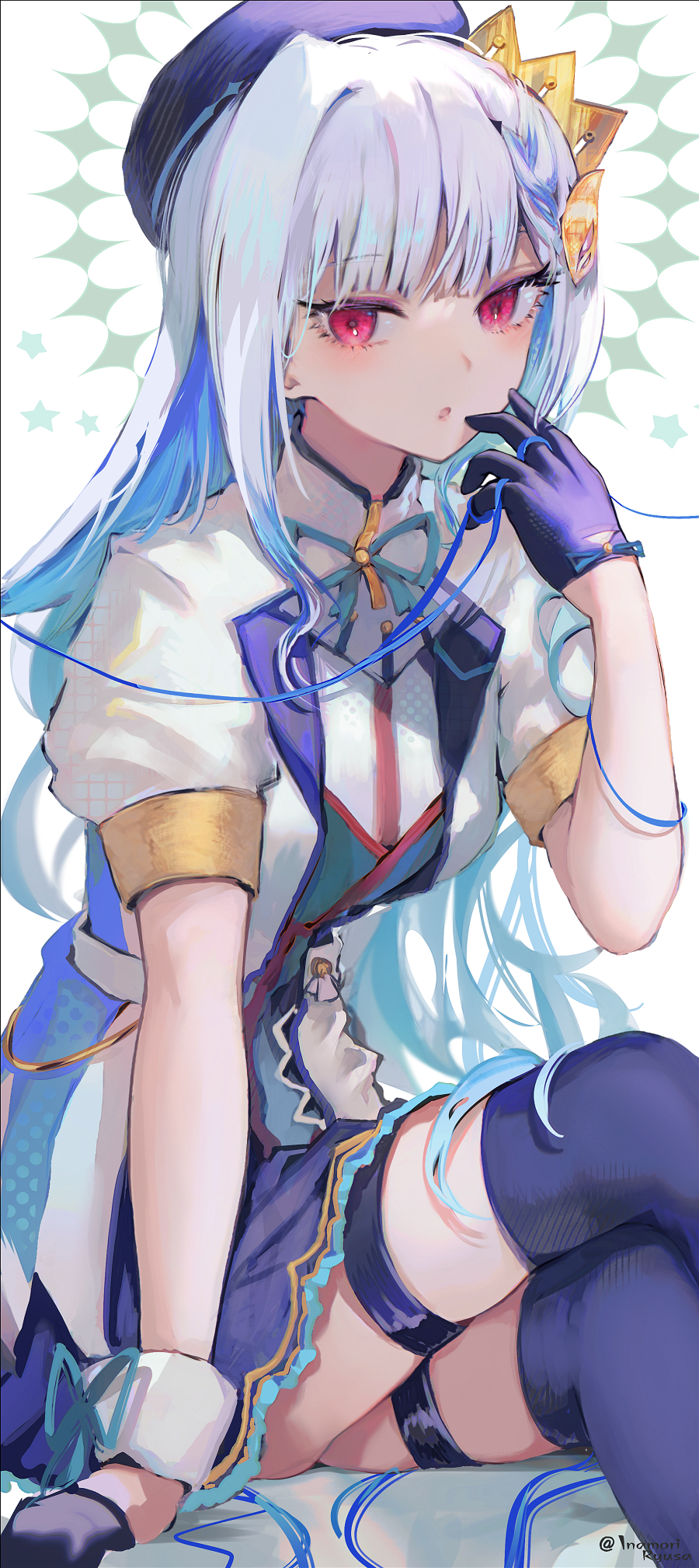 1girl :o arm_support beret blue_gloves blue_hair blue_hat blue_ribbon blue_skirt blue_thighhighs blush breasts colored_inner_hair colored_lapels crossed_legs crown_hat_ornament eyelashes feet_out_of_frame glove_ribbon gloves hair_ornament half_gloves halo halo_behind_head hand_to_own_mouth hand_up hat highres idol_clothes inaeda_kei jacket lips lize_helesta long_hair long_sidelocks looking_at_viewer medium_breasts miniskirt multicolored_hair neck_ribbon nijisanji pink_eyes ribbon sanbaka_anniversary_outfit short_sleeves sidelocks single_wrist_cuff sitting skirt solo streaked_hair string_around_finger thigh_strap thighhighs twitter_username two-tone_hair very_long_hair virtual_youtuber white_background white_hair white_jacket white_wrist_cuffs wrist_cuffs wrist_ribbon zettai_ryouiki