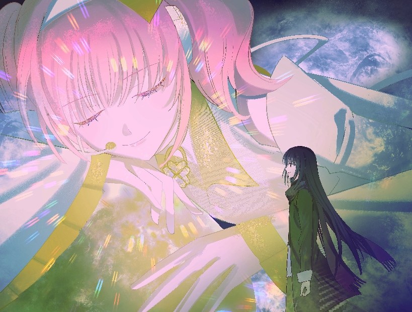 1boy 1girl amulet_dia black_hair closed_eyes closed_mouth coat detached_sleeves diamond_hair_ornament facing_to_the_side facing_viewer fujisaki_nagihiko full_moon garlictang green_coat green_pants headband headset hinamori_amu humpty_lock_(shugo_chara!) long_hair long_sleeves looking_ahead moon pants pink_hair shugo_chara! smile twintails white_headband