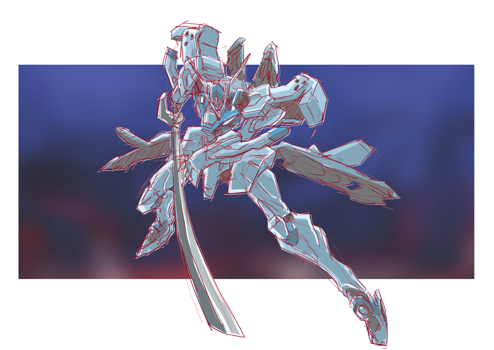 assault_visor highres holding holding_sword holding_weapon looking_down mecha mecha_focus muv-luv muv-luv_alternative no_humans robot shadow sketch sword tactical_surface_fighter taiga_hiroyuki type_94_shiranui weapon