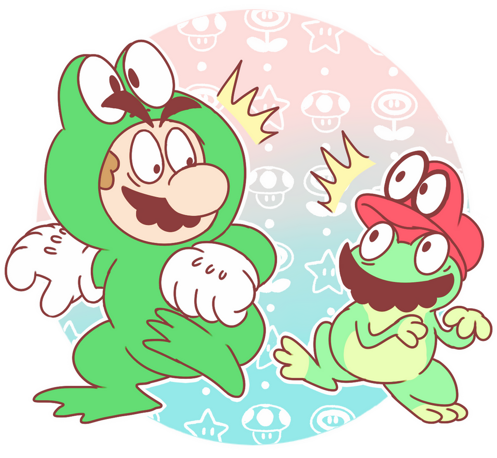 2boys blue_eyes brown_hair cappy_(mario) facial_hair frog frog_mario frog_suit gloves hat mario mario_(series) multiple_boys mushroom mustache nintendo plumber possession star_(symbol) super_mario_bros._3 super_mario_odyssey