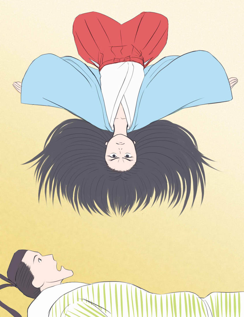 10s 1boy 1girl black_hair hakama hakama_skirt japanese_clothes kaguya-hime_no_monogatari kaguya_hime long_hair mikado_(kaguya-hime_no_monogatari) mitarashi_dingo pointy_chin shimon_mosado skirt studio_ghibli