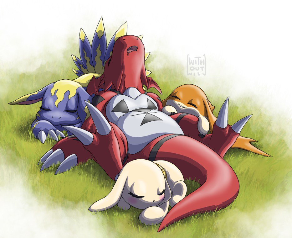animal_focus digimon digimon_(creature) digital_hazard elecmon_(violet) four_great_dragons grass guilmon holy_ring no_humans patamon plotmon sleeping tail