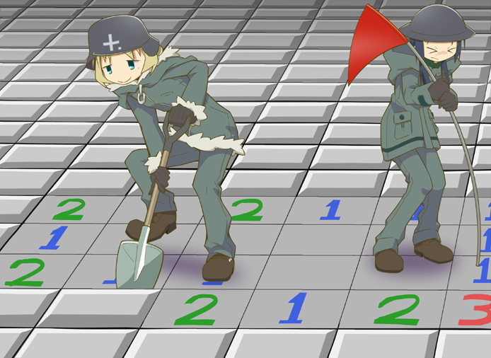 &gt;_&lt; 2girls black_hair blonde_hair brodie_helmet brown_footwear chito_(shoujo_shuumatsu_ryokou) closed_eyes closed_mouth coat combat_helmet flag full_body fur_trim green_coat green_pants helmet impending_death lagado long_sleeves military military_uniform minesweeper multiple_girls pants short_hair shoujo_shuumatsu_ryokou shovel smile stahlhelm standing yuuri_(shoujo_shuumatsu_ryokou)