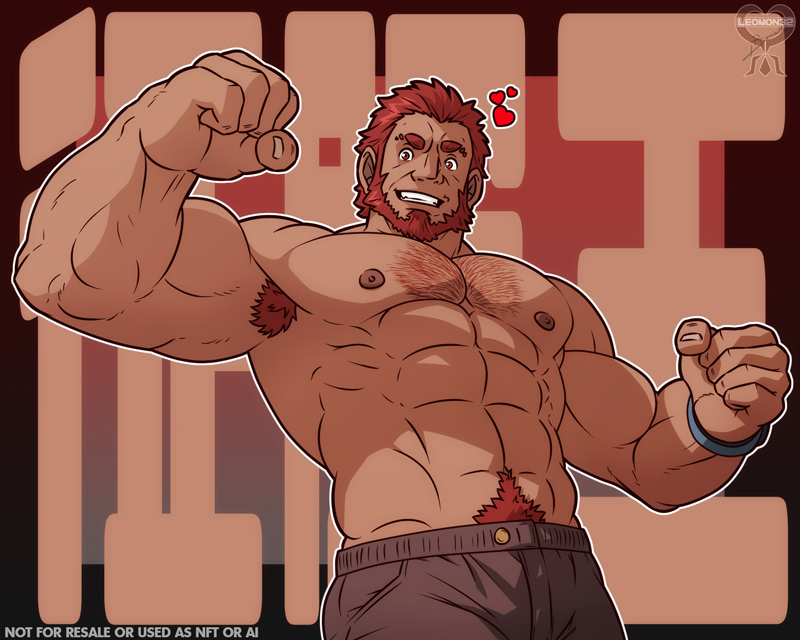 1boy abs armpit_hair artist_logo bara beard brown_pants chest_hair english_text facial_hair fate/grand_order fate_(series) grin heart iskandar_(fate) large_pectorals leomon32 logo male_focus male_pubic_hair mature_male muscular muscular_male navel nipples outline pants pectorals pubic_hair red_facial_hair red_hair short_hair sideburns smile solo teeth topless_male white_outline wristband