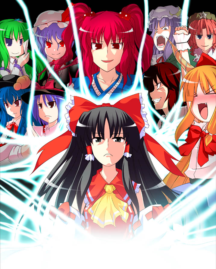 &gt;_&lt; 6+girls annotated aura black_hair blue_eyes blue_hair bow brown_eyes closed_eyes everyone fang female_focus hair_bow hair_ornament hakurei_reimu hat hinanawi_tenshi hokuto_no_ken hokuto_no_ken:_shinpan_no_sousousei_kengou_retsuden hong_meiling ibuki_suika kochiya_sanae long_hair multiple_girls nagae_iku onozuka_komachi open_mouth orange_hair parody patchouli_knowledge red_eyes red_hair reiuji_utsuho remilia_scarlet ryuuki_yuuichirou short_hair smile touhou touhou_hisoutensoku