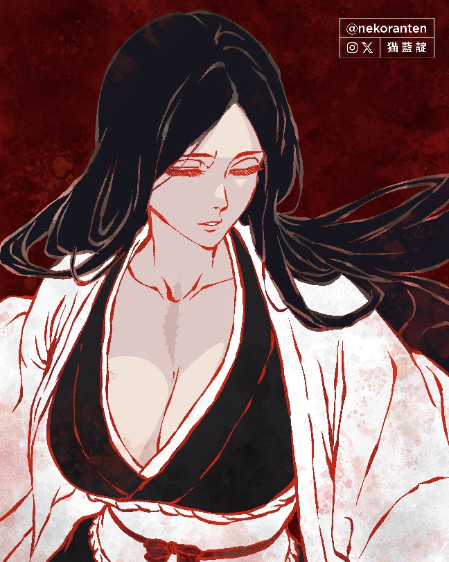 artist_name black_hair bleach bleach:_sennen_kessen-hen breasts closed_eyes collarbone hair_down highres japanese_clothes kimono long_hair nekoranten scar scar_on_chest shihakusho simple_background twitter_username unohana_retsu