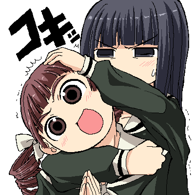 00s 2girls :d ^^^ annoyed black_hair blunt_bangs brown_hair capelet choke_hold drill_hair female_focus long_hair looking_at_viewer lowres maria-sama_ga_miteru matsudaira_touko multiple_girls neck_snap nijou_noriko open_mouth school_uniform serebi_ryousangata simple_background smile strangling translated twin_drills twintails upper_body