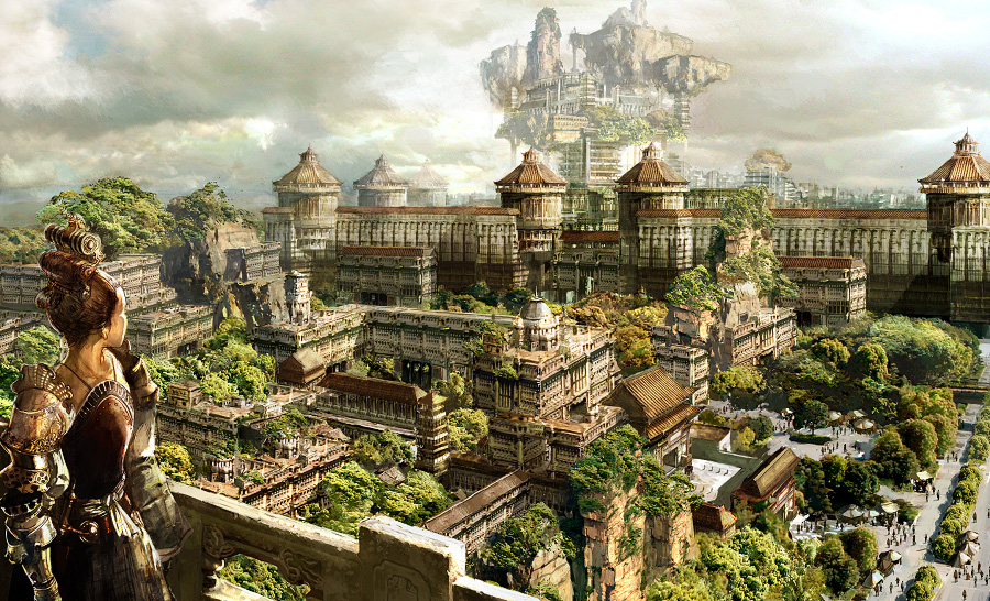 1girl anesaki_dynamic armor brown_hair castle city cityscape cloud fantasy original realistic scenery sky tree wall