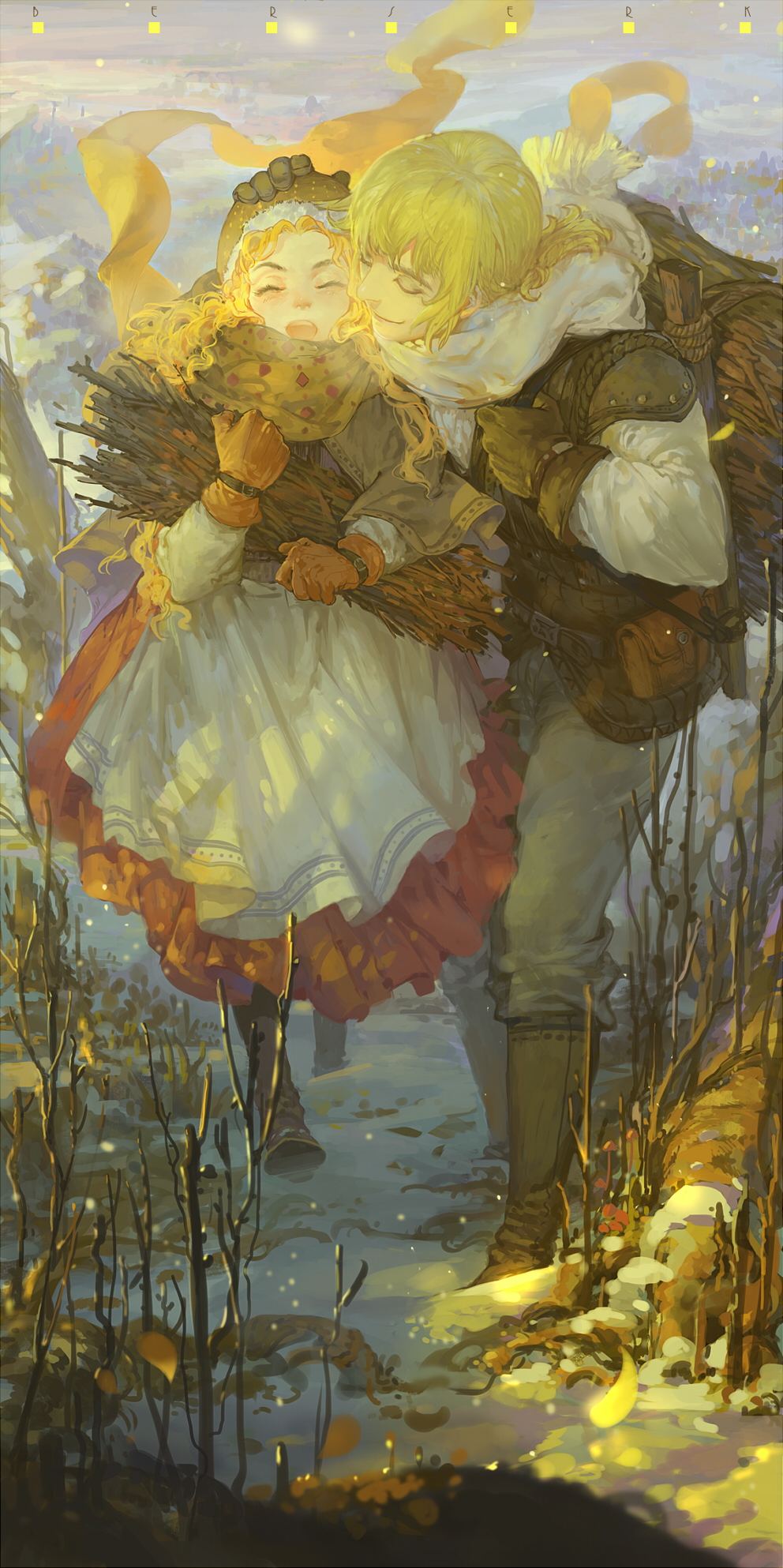 1990s_(style) 1boy 1girl berserk blonde_hair blush boots child curly_hair erica_(berserk) closed_eyes gloves highres hunsay long_hair open_mouth retro_artstyle rickert_(berserk) scarf smile snow wood