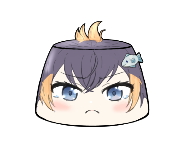 1girl black_hair blue_eyes blush closed_mouth fish_hair_ornament food foodification hair_ornament looking_at_viewer multicolored_hair nijisanji nijisanji_en orange_hair petra_gurin psycho_orb pudding simple_background smile solo tears transparent_background two-tone_hair virtual_youtuber