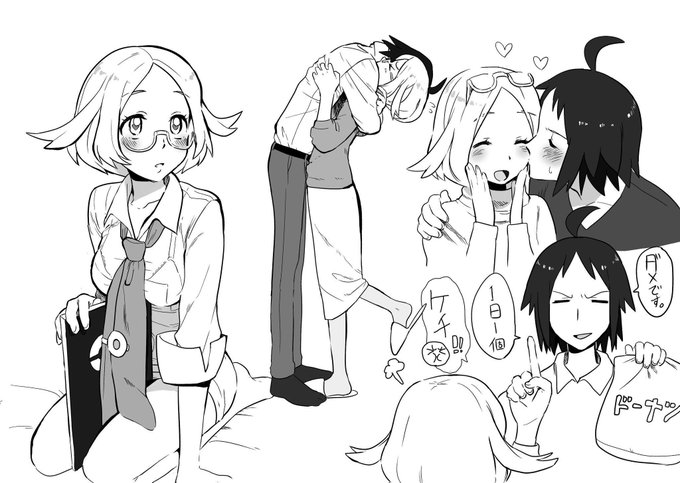 1boy 1girl ahoge bianca_(pokemon) blush breasts cheren_(pokemon) closed_eyes collarbone eyewear_on_head glasses greyscale heart hetero hug index_finger_raised kiss medium_breasts monochrome multiple_views nashubi_(to_infinity_wow) necktie nintendo open_mouth pokemon pokemon_bw2 seiza sitting smile translation_request